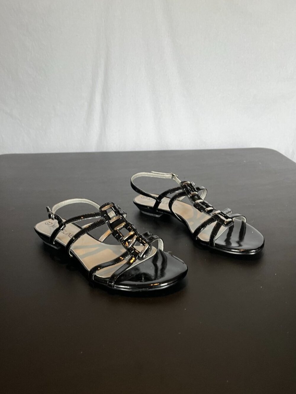 Madeline Size 8 Silver and Black Patton Leather Sandals